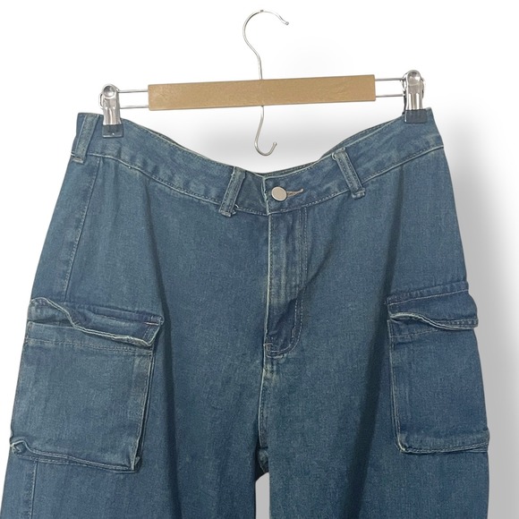 Retro Gorpcorp Blue Denim Cargo Pants Womens Wide Leg Utility Jeans Y2K Style XL - Picture 4 of 7